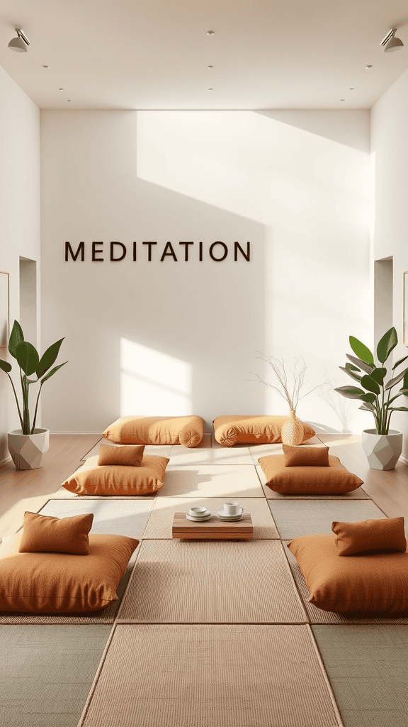 A serene meditation room with orange cushions and plants, promoting a calm atmosphere.