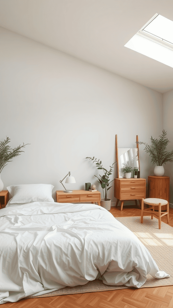 A cozy, minimalist bedroom featuring wooden furniture, soft white bedding, and plants, with a skylight allowing natural light.