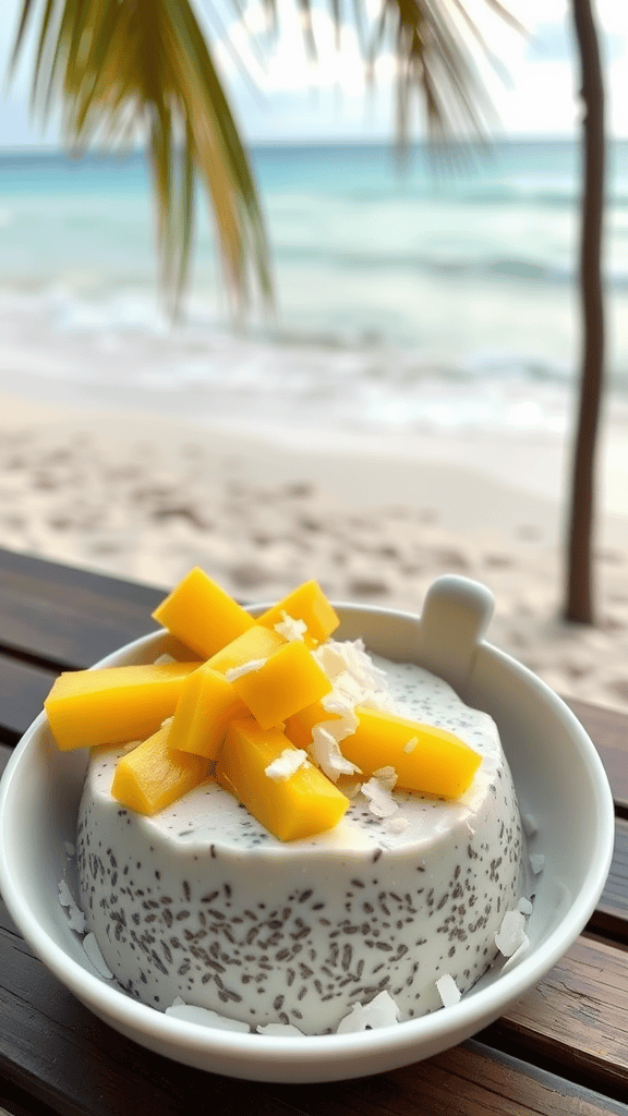 A bowl of coconut chia seed pudding topped with mango on a beachside table.