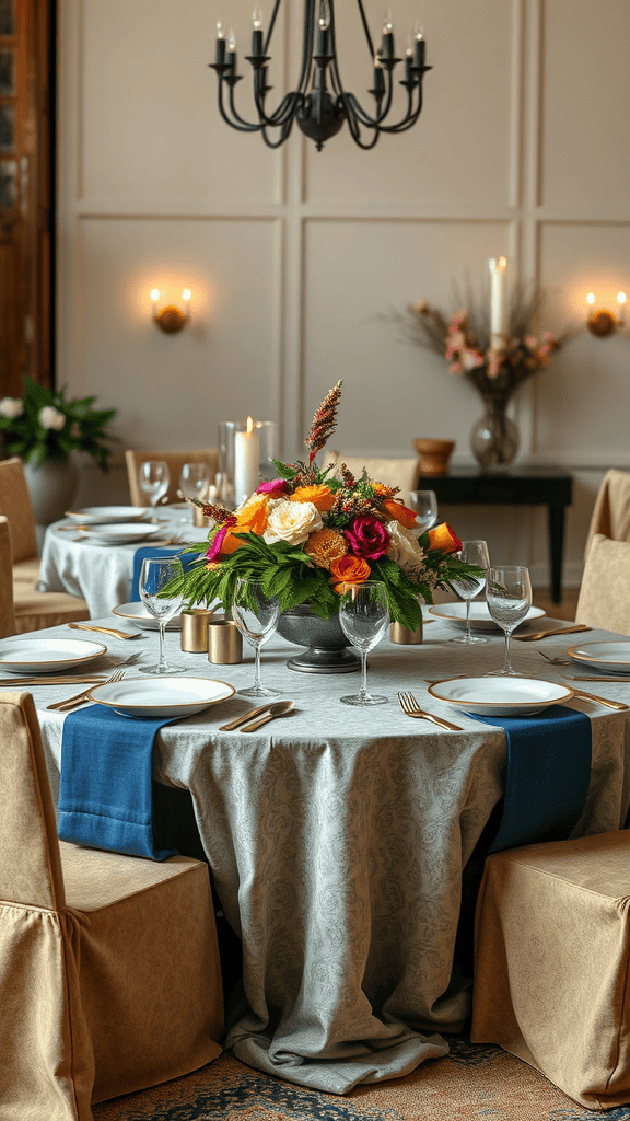 A beautifully arranged dining table with flowers, cutlery, and textured tablecloth.