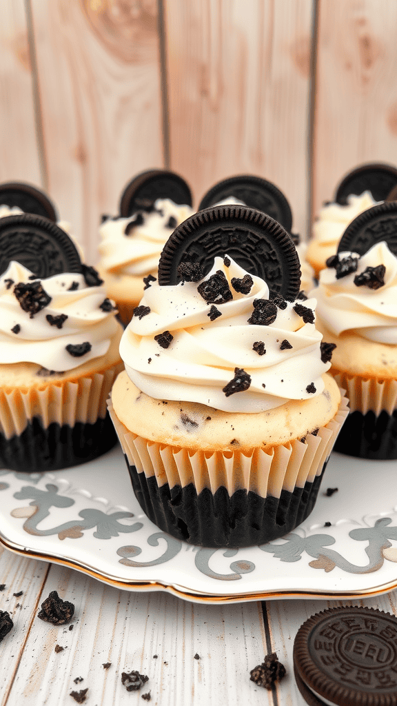 Delicious cookies and cream cheesecake cupcakes topped with whipped cream and cookie crumbles.