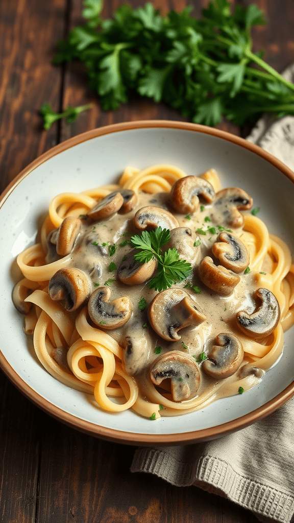 A bowl of creamy vegan mushroom stroganoff with fettuccine and fresh parsley on top.