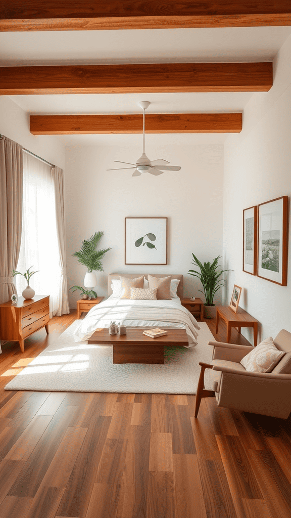 A well designed bedroom featuring a central bed, wooden beams, natural light, and plants.