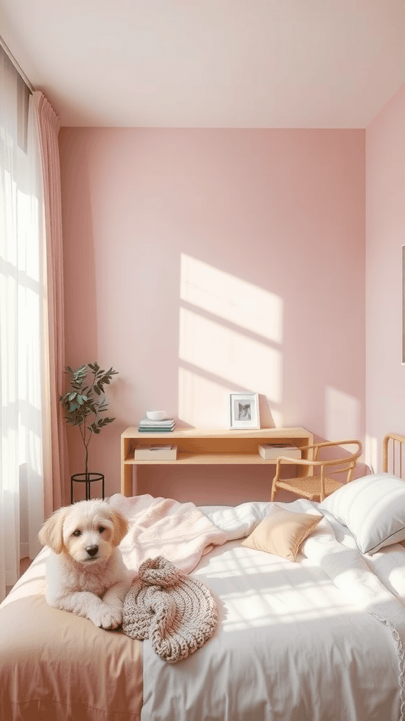 A calming bedroom with soft pink walls, a cozy bed, and a small dog