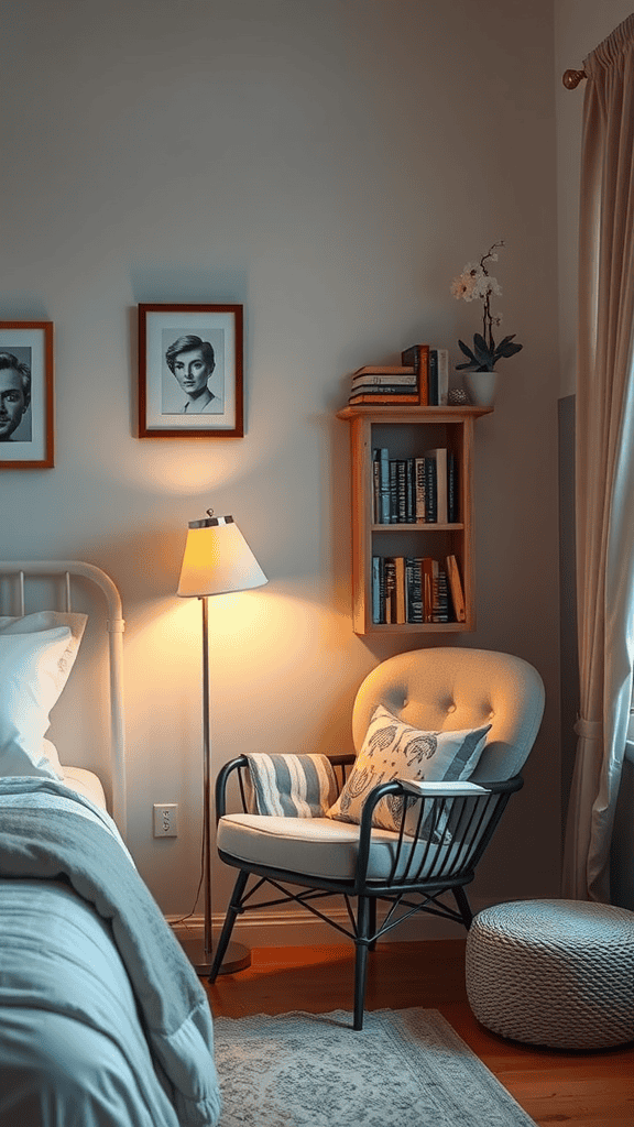 Cozy reading nook in a bedroom with a comfortable chair, warm lamp, and bookshelf