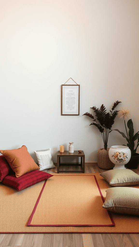 A serene meditation corner with cushions, a small table, and plants.