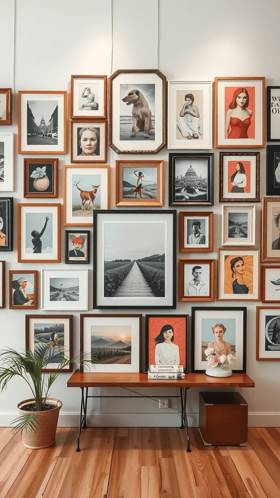 Gallery wall with a variety of framed artworks and a wooden bench