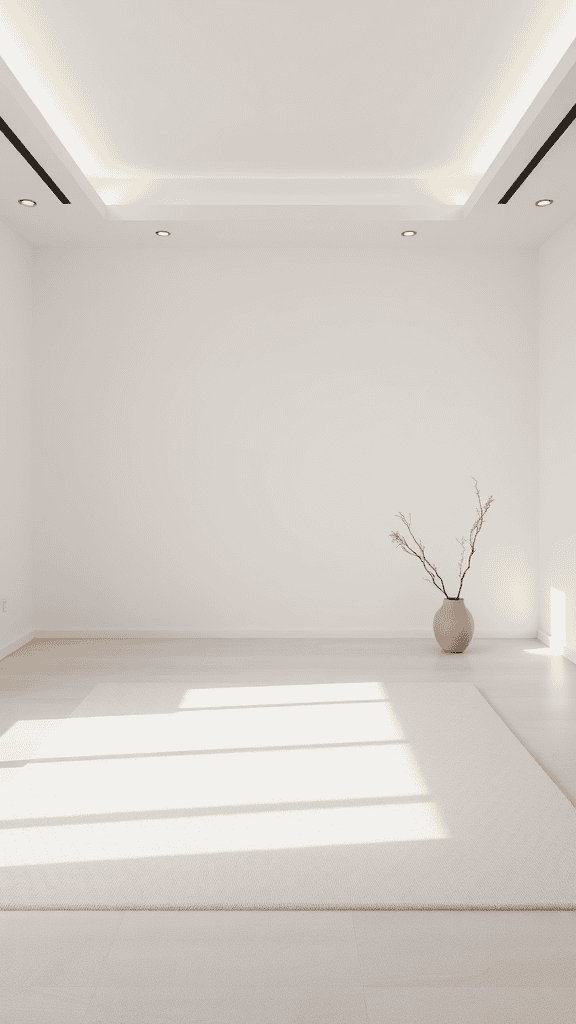 A minimalist meditation room with white walls, a soft rug, and a vase with a branch.