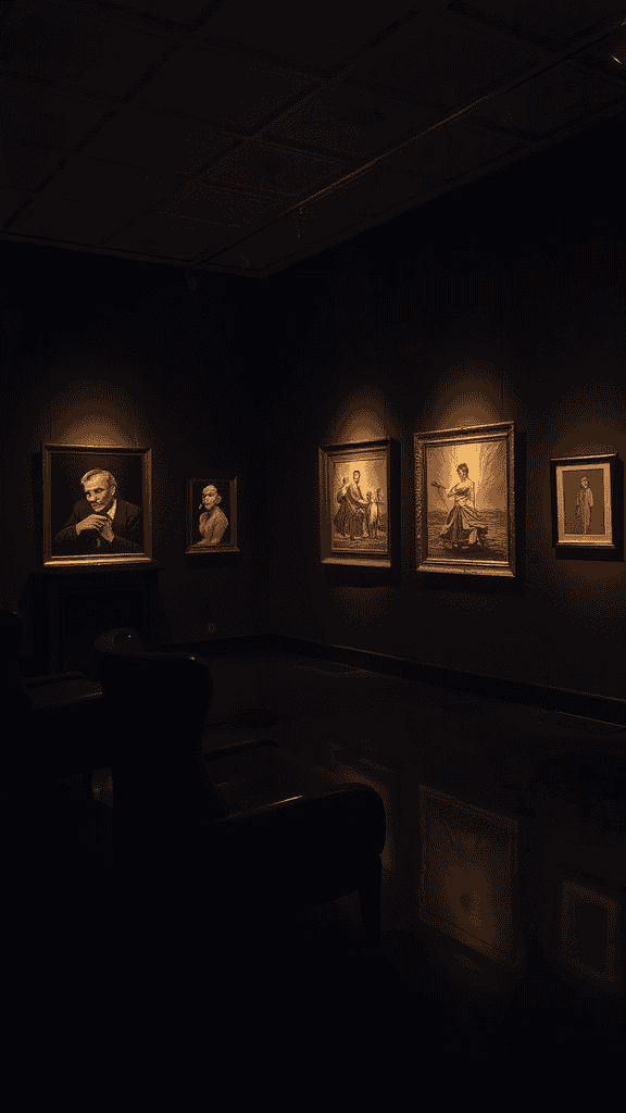 Art gallery with lit paintings on dark walls and chairs in foreground