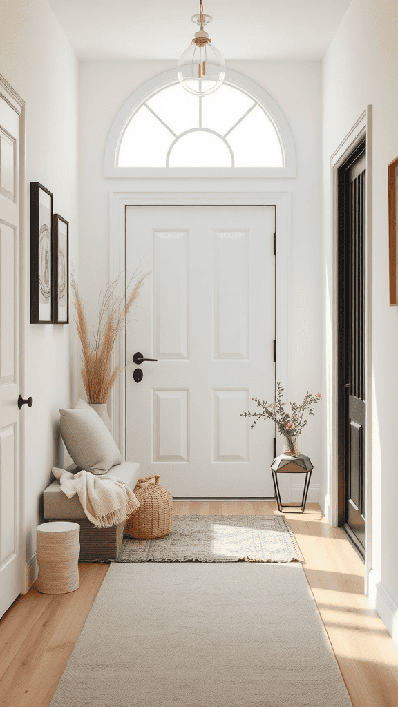 A serene home entrance featuring a white door, natural elements, and soft furnishings.