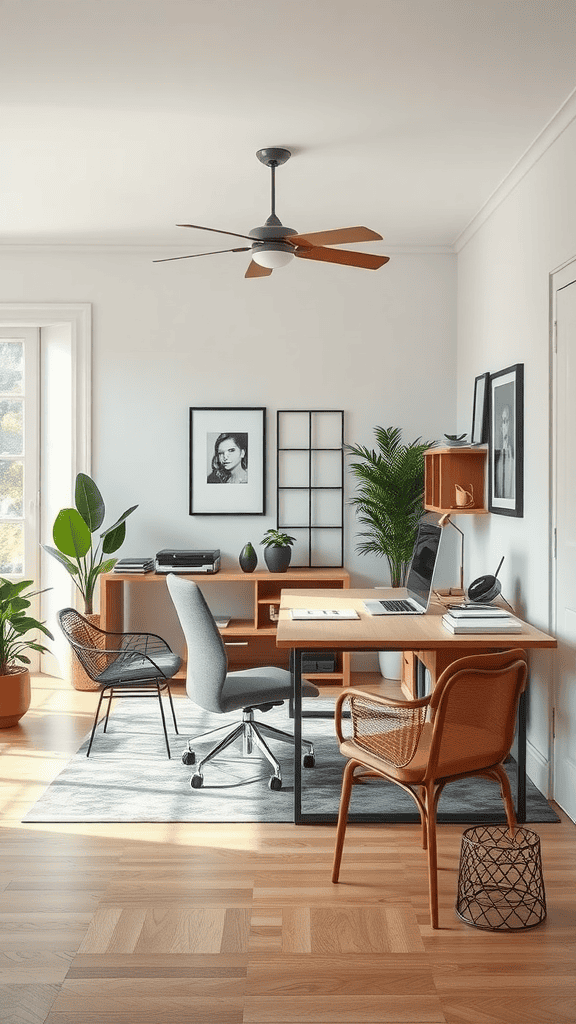 A multi-functional home office featuring a desk, comfortable chairs, plants, and organized storage.