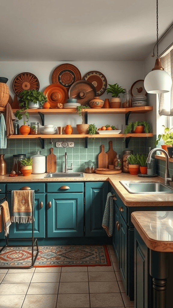 A cozy kitchen featuring teal cabinets, rustic pottery, and vibrant plants.