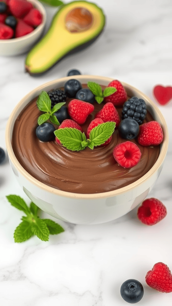 A bowl of vegan chocolate avocado mousse topped with fresh berries and mint leaves.