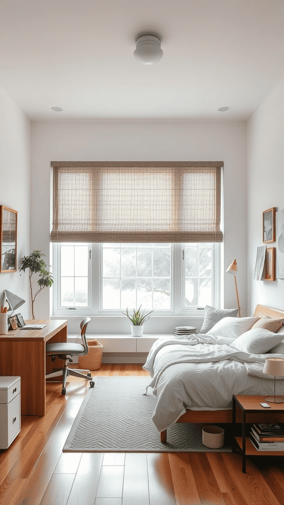 A cozy and functional bedroom featuring a workspace, large windows, and a calm color palette.