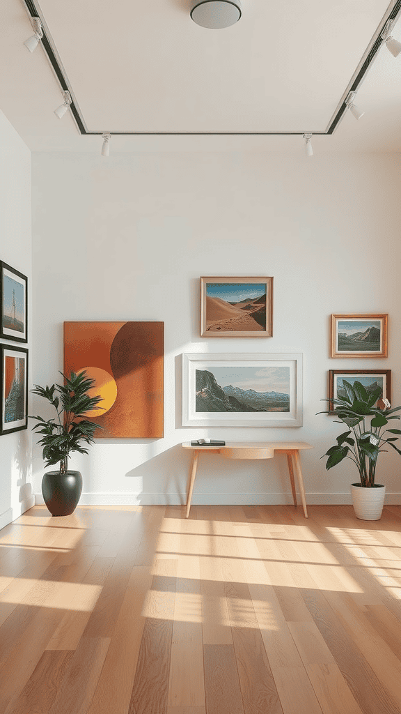 A bright room with various artworks displayed at different heights on a white wall, featuring plants and a wooden table.