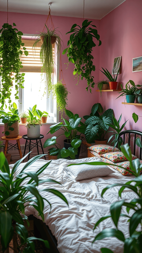 A cozy bedroom filled with various houseplants, showcasing vibrant greenery against pink walls.