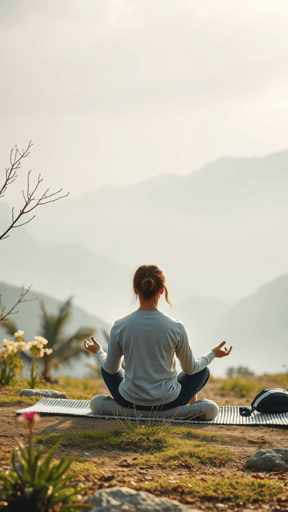 Person meditating outdoors in a serene landscape