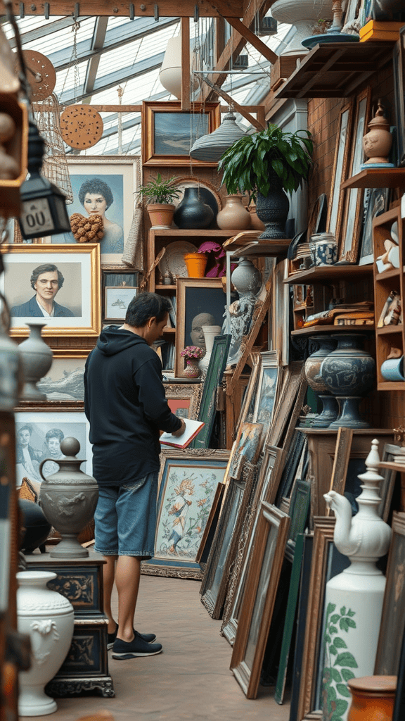 A person looking at art and antiques in a charming cluttered store.