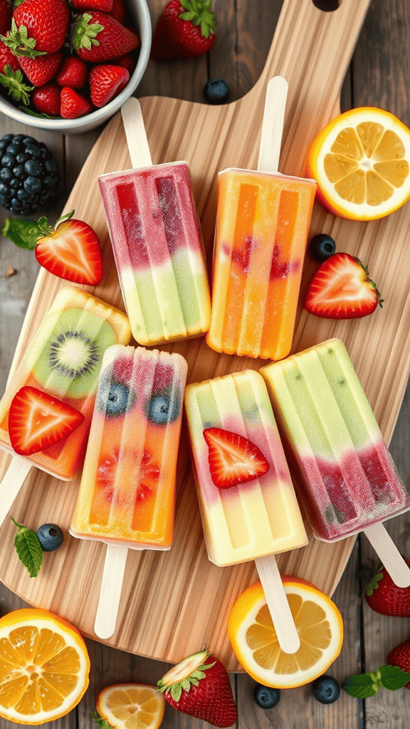 Colorful frozen fruit popsicles displayed on a wooden board with fresh fruits