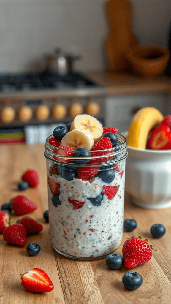 A jar of fruit-infused overnight oats topped with various fresh fruits on a wooden table.