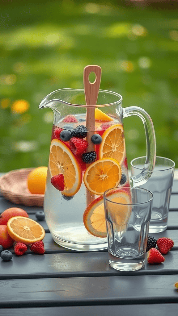 A pitcher of fruit-infused water with slices of orange, lemon, and mixed berries on a table.