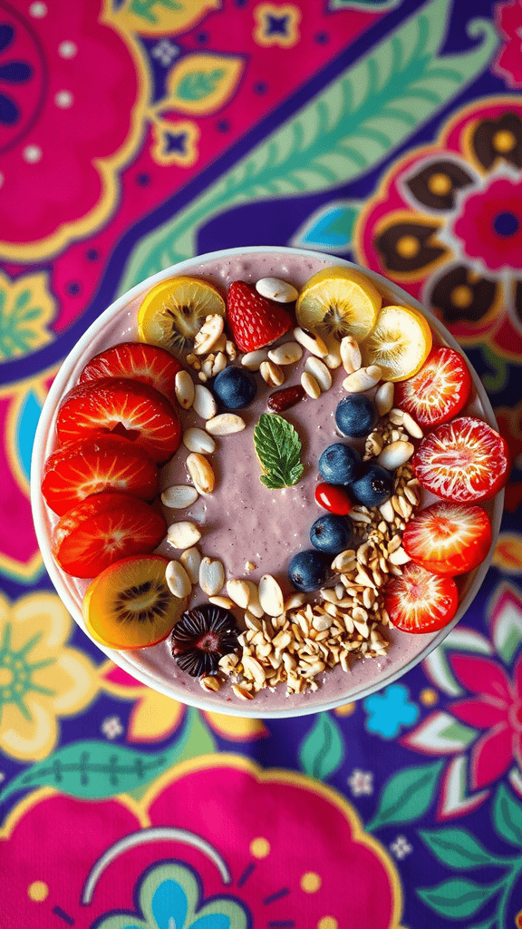 A colorful smoothie bowl topped with fresh fruits and nuts on a vibrant background.