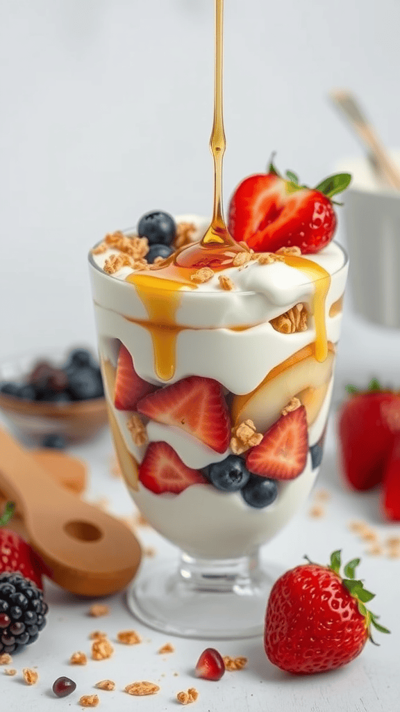 A layered yogurt parfait with strawberries, blueberries, granola, and honey