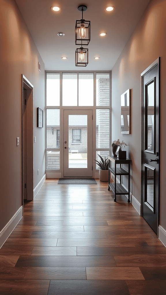 A stylish home entrance with wooden flooring, pendant lights, and a welcoming atmosphere.