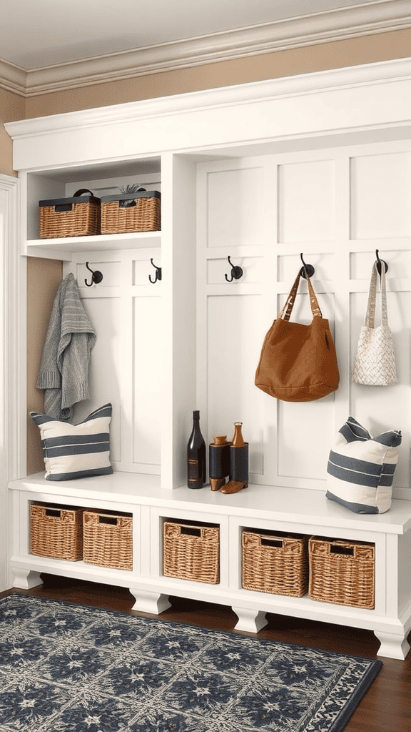 A stylish home entrance with a built-in bench, woven baskets, and wall hooks for storage.