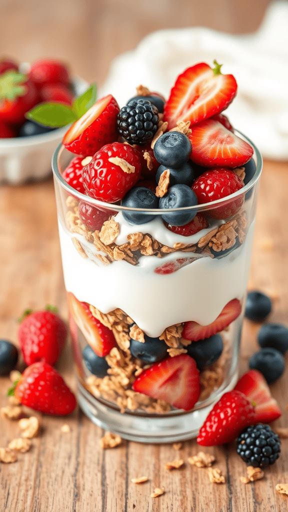 A glass of Greek yogurt parfait layered with granola and mixed berries, displaying vibrant colors and textures.