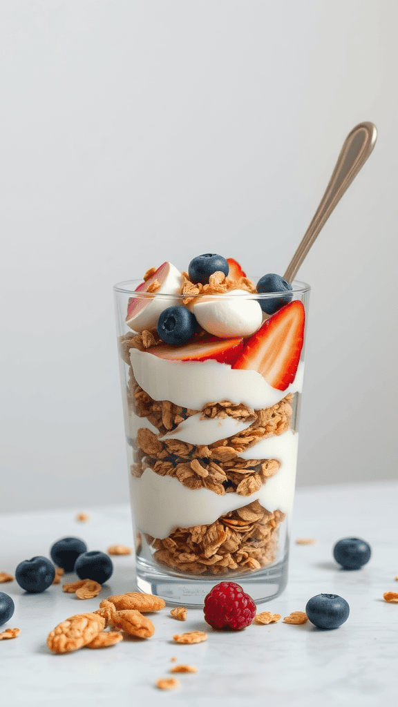 A glass of Greek yogurt parfait layered with granola, sliced strawberries, blueberries, and a raspberry on a white background.