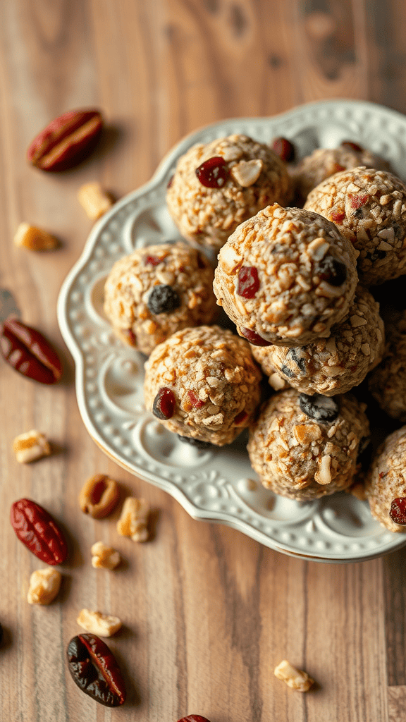 A plate of healthy fruit and nut energy bites made with oats and dried fruits.