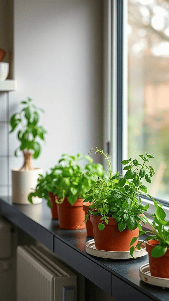 A kitchen windowsill with several potted herbs and plants, showcasing a sunny and inviting indoor garden.