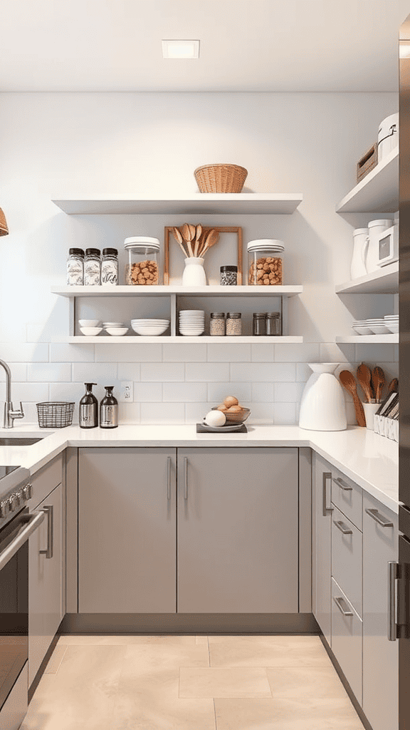 A modern kitchen with organized shelves and a sleek design