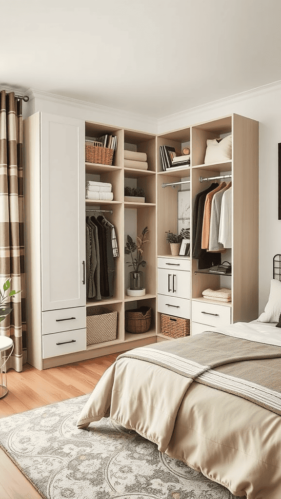 A bright bedroom featuring a stylish storage solution with open shelving and a wardrobe, organized with clothes and decor.