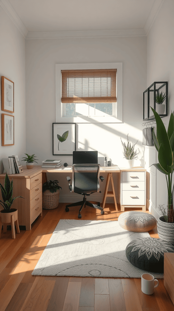 A bright and organized home office with plants, a wooden desk, and a rug, showcasing a Zen-inspired design