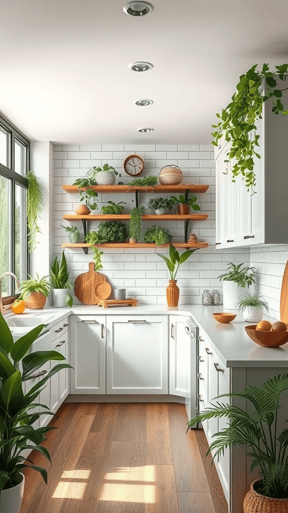 A bright kitchen filled with plants on shelves, a wooden countertop, and natural light.