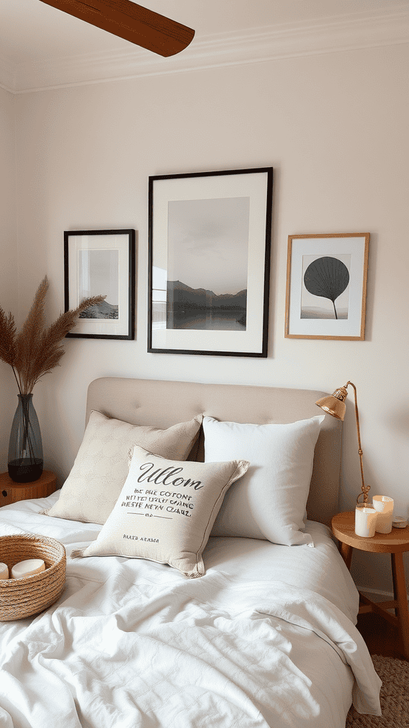 A cozy bedroom with a soft color palette, featuring a bed with textured pillows, calming art on the walls, and a warm lamp.