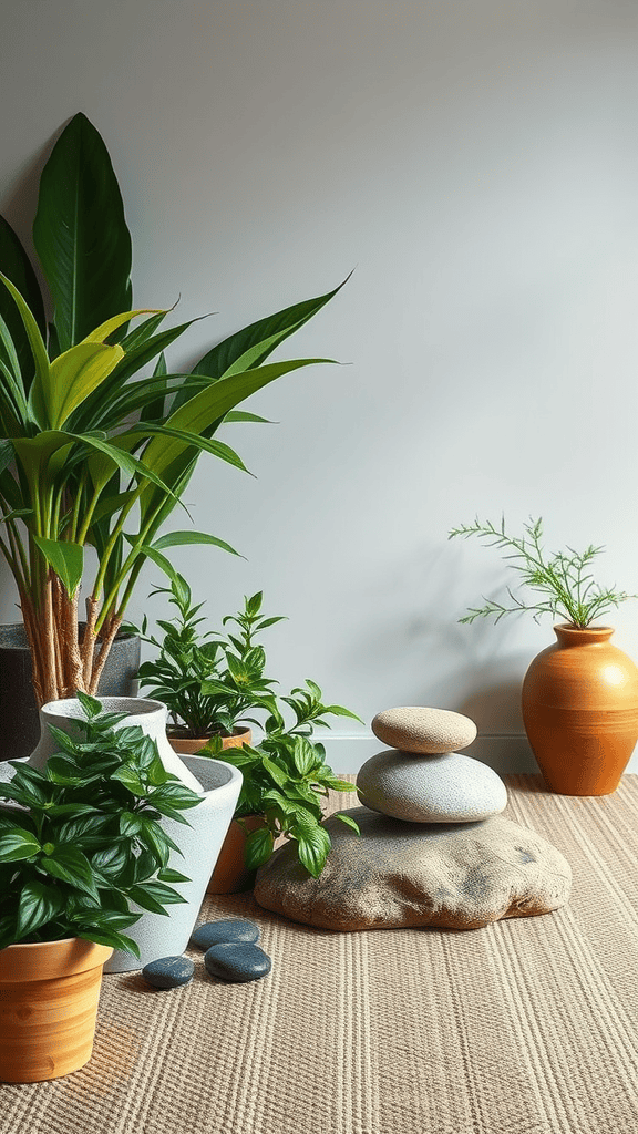 A serene indoor space featuring various plants and stones, creating a peaceful atmosphere for meditation.