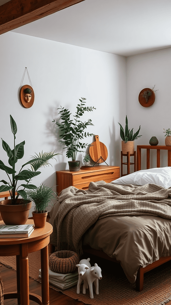 A cozy bedroom featuring wooden furniture, various plants in pots, and a warm blanket on the bed.