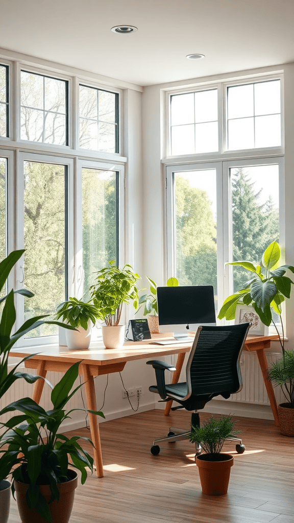 A bright home office with large windows, plants, and a desk facing outside.