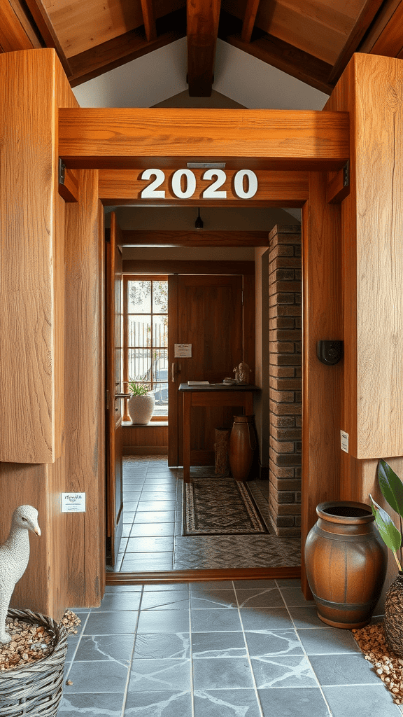 A cozy home entrance featuring wooden beams, stone tiles, and decorative planters.