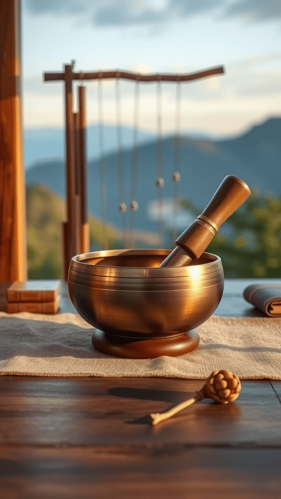 A singing bowl on a wooden table with chimes in the background, set against a serene mountain view.