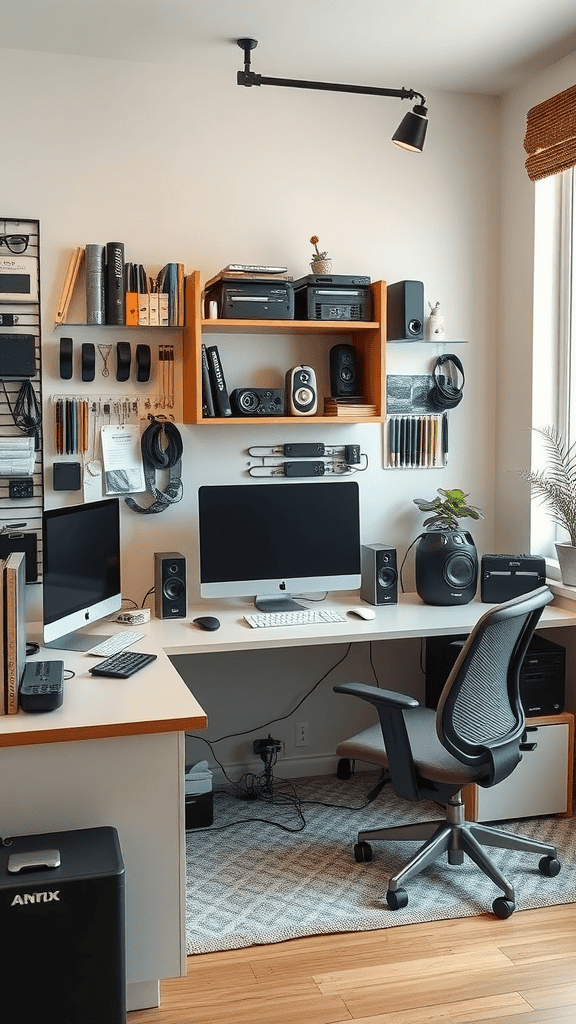 A modern home office featuring dual monitors, speakers, organized shelves with books and accessories, and a plant for a touch of nature.