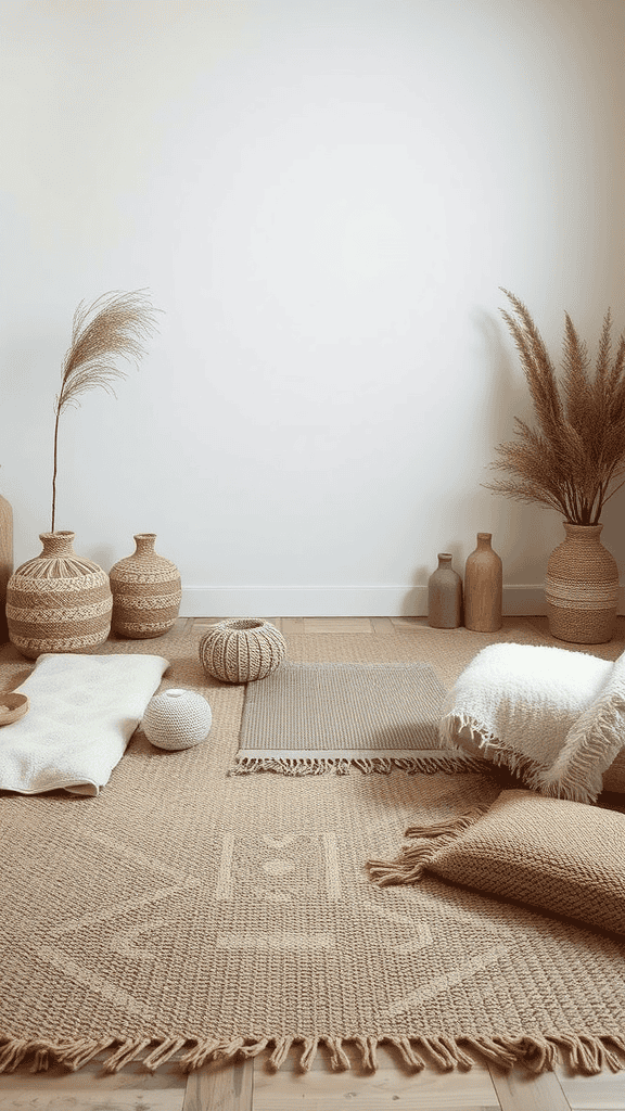 A cozy meditation space with various textured elements like woven rugs, soft cushions, and natural decor.