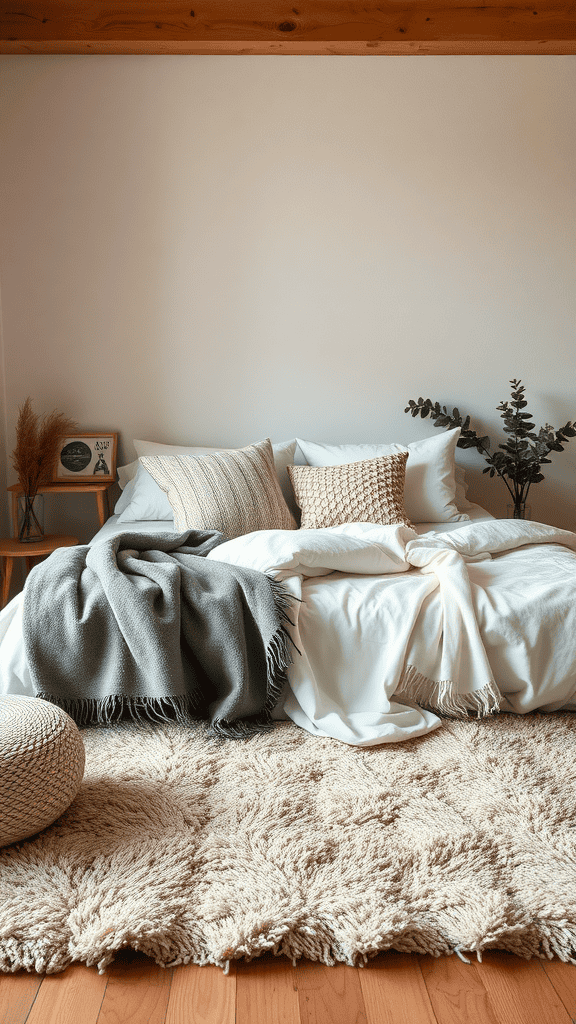 Cozy bedroom with layered textures, featuring pillows, blankets, and a soft rug.