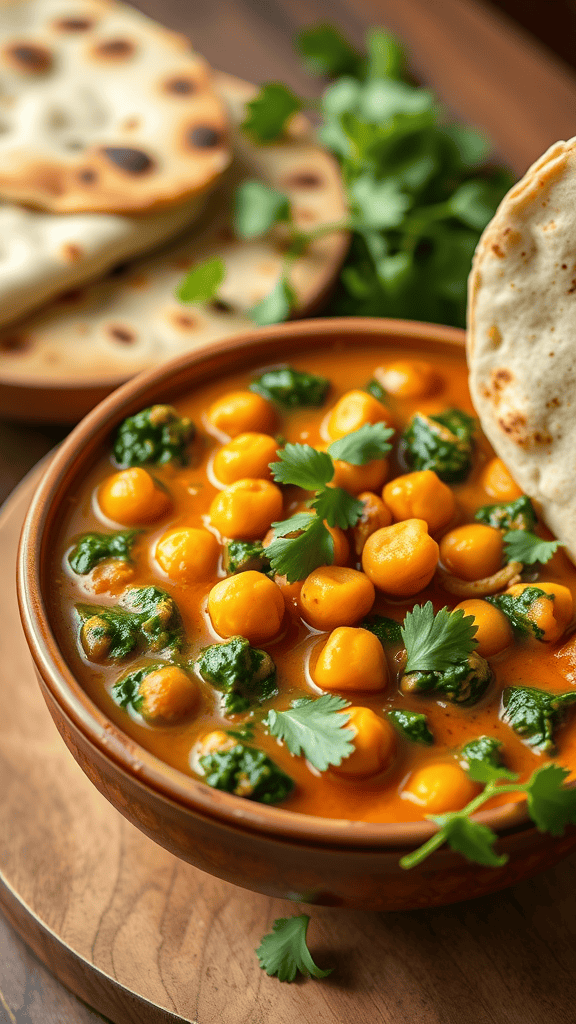 A bowl of Indian chickpea curry with spinach, served with naan on the side.