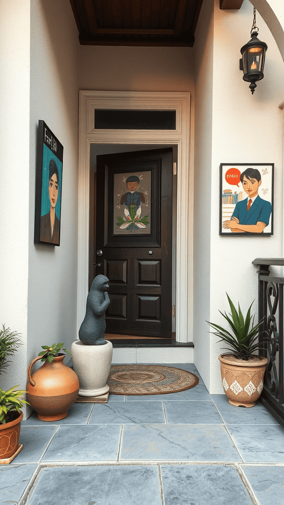 A welcoming home entrance with vibrant artwork and potted plants