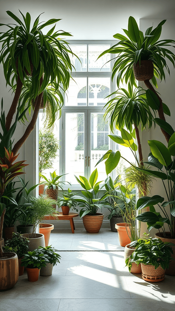 A bright indoor entrance filled with various indoor plants, showcasing a welcoming atmosphere.