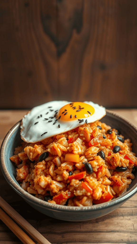 A bowl of Korean Kimchi Fried Rice topped with a fried egg, served with chopsticks.